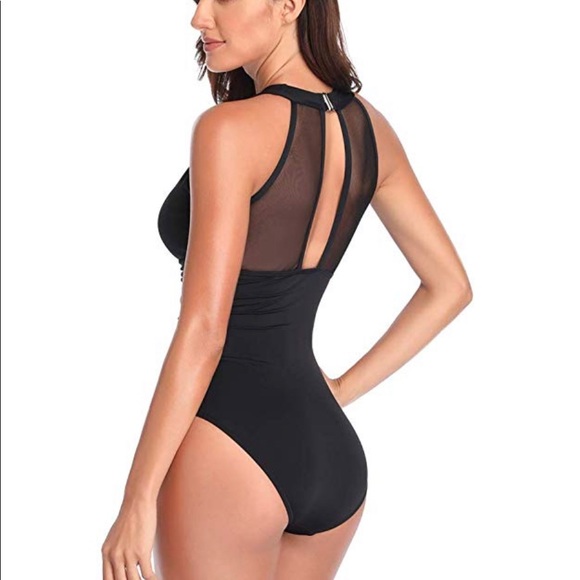 High neck black one piece bathing suit - Picture 2 of 3